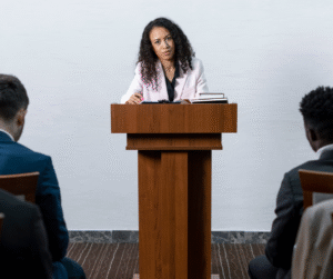 A a photo of a woman standing at a wooden pulpit, speaking.