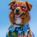A happy dog wearing red sunglasses and a Hawaiian shirt
